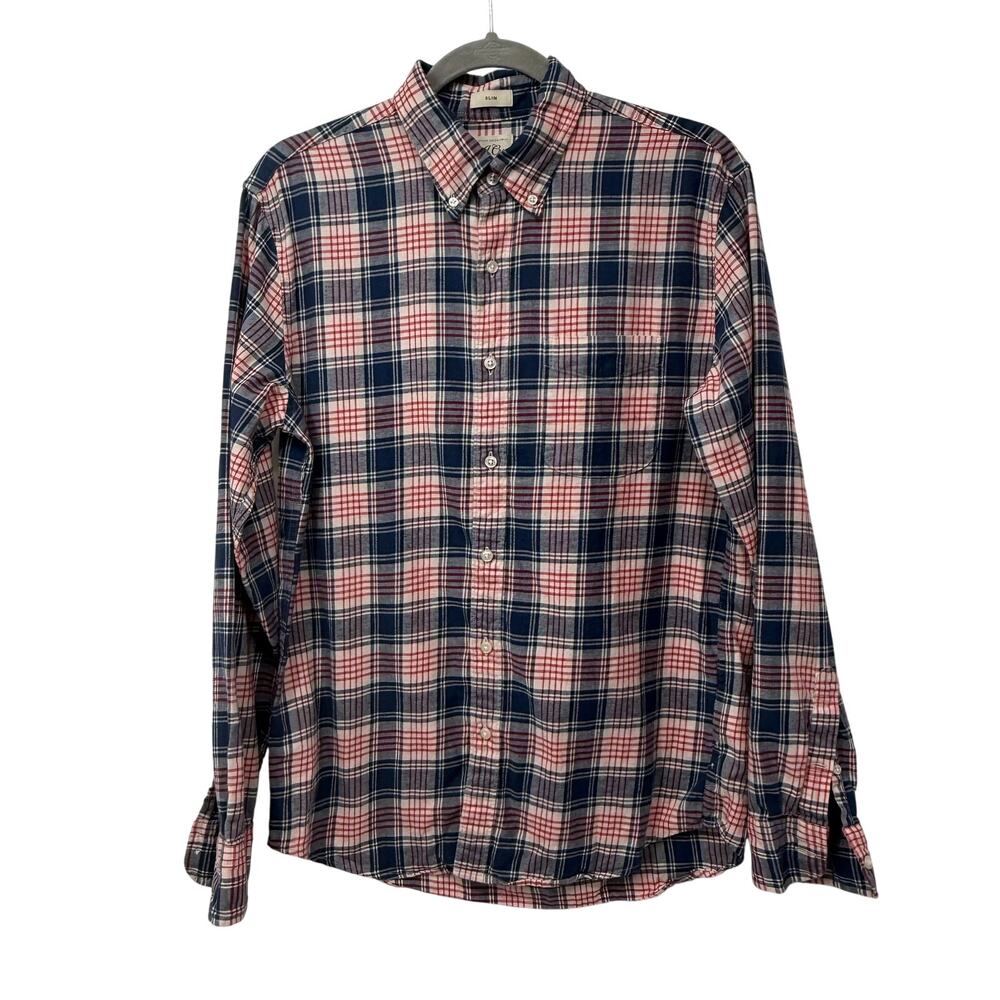 J.Crew Slim Plaid Button Down Shirt M Cotton Linen Twill Flannel Navy Red Pink